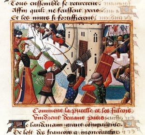 Johanna von Orléans an den Toren von St. Honore, wo der Angriff auf Paris beginnt, Miniatur aus Vigiles de Charles VII von Martial de Paris (bekannt als Auvergne) von Martial de Paris (fl.15th century)