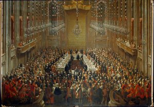 Bankett anlässlich der Hochzeit von Kaiser Joseph II. und Isabella von Parma am 6.10.1760. Mit Mozart im Orchester