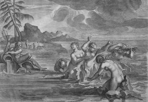 Die Cerastae verwandelt in Stiere, & die Propoetides in Felsen, ca. 1683 von Martin Bouche