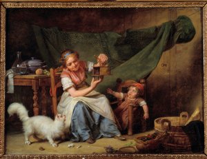Die Frau und die Maus. Ein Mädchen hält eine Mausefalle vor die Katze und ein Baby. Gemälde von Martin Drolling (1752-1817)