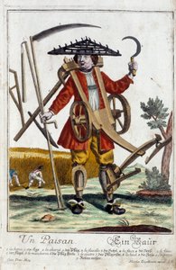 Ein Bauer. Gravur von Martin Engelbrecht (1684-1756), in „Neue Versammlung der manouvries habilles“ 18. Jahrhundert, Deutschland. Paris, Decorative Arts von Martin Engelbrecht