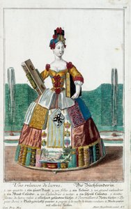 Beruf: Ein Buchbinder. Gravur von Martin Engelbrecht (1684-1756), in „Neue Versammlung der manouvries habilles“ 18. Jahrhundert, Deutschland. Paris, Decorative Arts