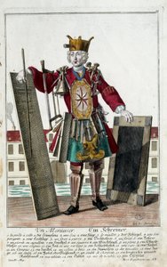 Beruf: Ein Zimmermann. Gravur von Martin Engelbrecht (1684-1756), in "Neue Versammlung der bekleideten Handwerker" 18. Jahrhundert, Deutschland. Paris, Dekorative Künste