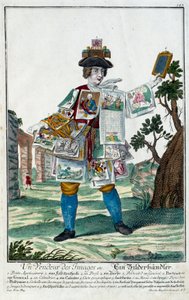 Beruf: Ein Bildverkäufer. Gravur von Martin Engelbrecht (1684-1756), in „Neue Versammlung der manouvries habilles“ 18. Jahrhundert, Deutschland. Paris, Decorative Arts