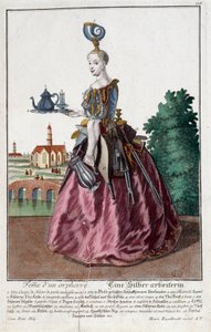 Beruf: Frau eines Goldfischs. Gravur von Martin Engelbrecht (1684-1756), in „Neue Versammlung der manouvries habilles“ 18. Jahrhundert, Deutschland. Paris, Decorative Arts von Martin Engelbrecht