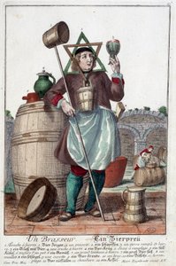 Darstellung eines Brauers mit einem Brunnen, einem Glas, einem Krug, einem Eimer, einem Fass, einem Hammer, einer Schüssel, einem Broc, einem Kessel. Gravur von Martin Engelbrecht (1684-1756) von Martin Engelbrecht