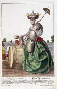 Darstellung der Frau eines Brauers, die einen Trichter auf dem Kopf trägt, einen Getreidesack, eine Schüssel, einen Eimer, ein Bierfass. Gravur von Martin Engelbrecht