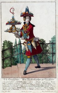 Der Konditor: ein junger Mann hält ein Tablett mit Süßigkeiten und Konfekt. Gravur von Martin Engelbrecht (1684-1756) 18. Jahrhundert. Paris, Decorative Arts