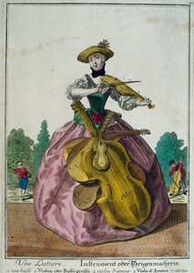 Une Lutiere, Lautenspielerin mit Viola, Cello und Violine, von Martin Engelbrecht, Farbdruck, Frankreich