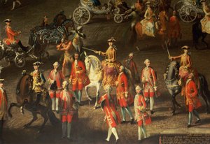 Eine Kavalkade in der Winterreitschule der Wiener Hofburg zur Feier des Sieges über die französische Armee in Prag, 1743 (Detail, zeigt Maria Theresia, Kaiserin von Österreich, auf einem grauen Pferd) von Martin II Mytens or Meytens