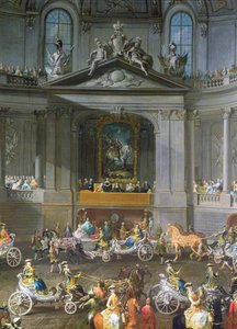 Eine Kavalkade in der Winterreitschule der Wiener Hofburg zur Feier des Sieges über die französische Armee in Prag, zeigt das Reiterporträt von Kaiser Karl VI., 1743 (Detail)