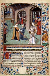 Allegorie der Tugend: Vasall, der seinem Herrn in Anwesenheit der Tugend Tribut zollt. Miniatur aus "Der Geist von Fortuna und Tugend" von Martin Le Franc (1410-1461) 1447-1448, Paris B.N.
