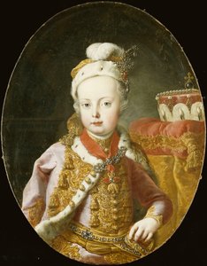 Porträt des Erzherzogs Joseph, später Kaiser Joseph II. von Österreich, halbe Länge, in einer goldbestickten rosa Samtjacke mit Hermelinbesatz, einer mit einer Brosche verzierten Federkappe und dem Orden vom Goldenen Vlies