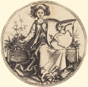 Schild mit Einhorn, gehalten von Frau von Martin Schongauer