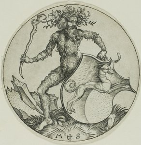 Schild mit einem Windhund, gehalten von einem wilden Mann von Martin Schongauer
