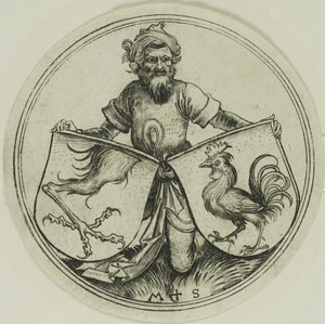 Schild mit einem Greifenfuß und Schild mit einem Hahn, gehalten von einem Mohr von Martin Schongauer