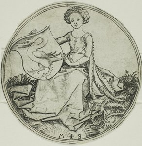 Schild mit einem Schwan, gehalten von einer sitzenden Dame von Martin Schongauer