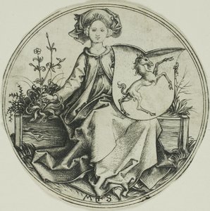 Schild mit einem Einhorn, gehalten von einer Dame von Martin Schongauer