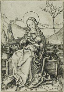 Die Madonna und das Kind auf einer grasbewachsenen Bank von Martin Schongauer