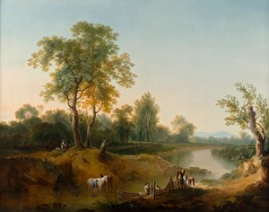 Reiter und Fischer in einer Flusslandschaft