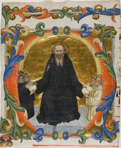 Der heilige Benedikt überreicht seine Regel den Benediktiner- und Zisterziensermönchen in einem historisierten Initial "O" aus einem Chorbuch von Martino di Bartolomeo di Biagio