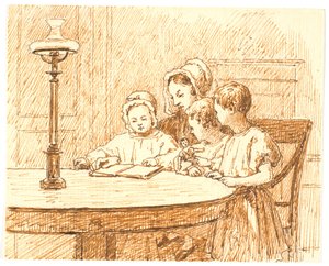 Eine Mutter zeigt drei Kindern ein Buch von Martinus Rørbye