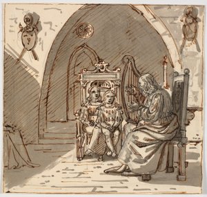 Gotische Szene. Ein Skalden spielt Harfe für zwei Kinder auf einem Thronstuhl von Martinus Rørbye