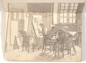 Innenraum der Akademie mit malenden und zeichnenden Künstlern von Martinus Rørbye