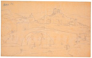 Italienische Landschaft mit einer Brücke über einen Fluss und der Stadt Subiaco im Hintergrund von Martinus Rørbye