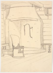 Kamin und runder Holzstuhl mit Rückenlehne von Martinus Rørbye
