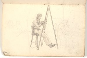 Künstler am Staffelei, sowie Skizze von Figuren im Hintergrund von Martinus Rørbye
