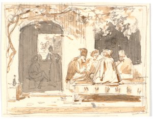 Orientalen bei einem Schachspiel vor einem türkischen Kaffeehaus und Barbierstube von Martinus Rørbye