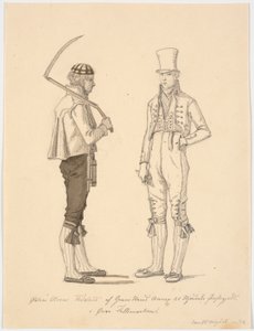 Stehender Bauer mit Sense und Bauer in Festtagskleidung von Martinus Rørbye