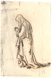 Stehende Frau in einem Gewand und Kopftuch