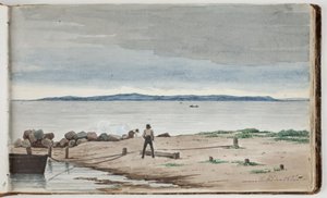 Aussicht auf eine Strandlandschaft mit Unwetterwolken am Himmel. Zwei Männer arbeiten an einem Boot und einem Feuer im Vordergrund von Martinus Rørbye