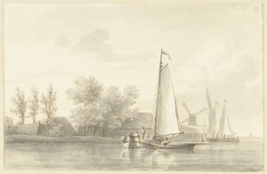 Flusslandschaft mit Segelschiff und Ruderboot von Martinus Schouman