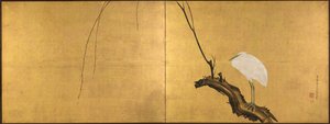 Reiher auf einem Weidenzweig, Zweiteiliges Faltbildschirm, späte 1700er von Maruyama Okyo