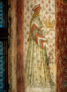 Margarete Maultasch, Gräfin von Tirol, in einem Wandgemälde in einer Fensternische des Badesaals in Schloss Runkelstein, Südtirol