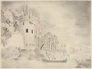 Der einsame Turm (Burg an einem Fluss mit Weiden und einem Boot) von Mary Altha Nims
