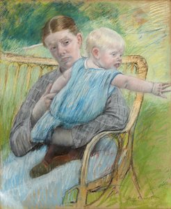 Mathilde hält ein Baby, das nach rechts greift von Mary Cassatt