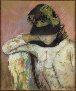 Junge Frau mit schwarzem und grünem Hut, nach unten blickend von Mary Cassatt