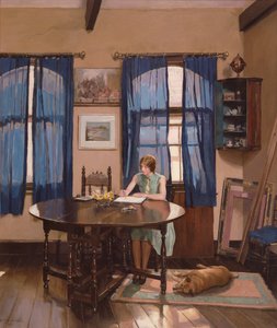 Innenraum mit einer Künstlerin, die an einem Klapptisch malt von Mary Dawson Elwell