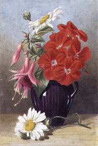 Geranien und Fuchsien in einer glasierten lila Kanne von Mary Elizabeth Duffield