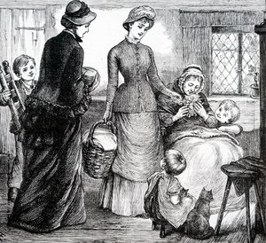 Eine Frau, die einem armen Häusler Geschenke gibt. Von Mary Ellen Edwards (1838-1934), eine englische Künstlerin