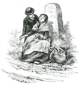 Eine mittellose, unverheiratete Mutter wird erschöpft auf dem Weg zum Armenhaus mit ihrem Baby gefunden. Szene erinnert an einen Roman von Thomas Hardy, aber nicht ungewöhnlich in ländlichen Gebieten im ganzen Land. Illustration von Mary Ellen Edwards ca. 