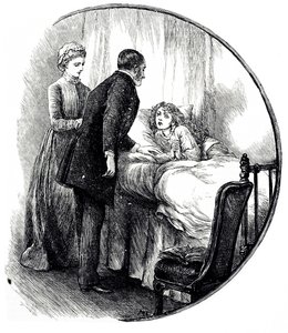 Eine Gravur, die einen Arzt zeigt, der seinen jungen Patienten zu Hause besucht. Illustriert von Mary Ellen Edwards (1838-1934), einer englischen Künstlerin und produktiven Illustratorin von Kinderbüchern von Mary Ellen Edwards