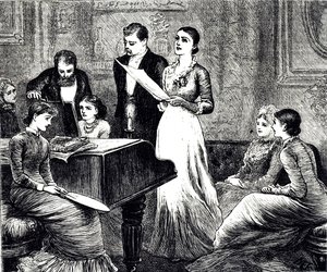 Eine Gravur, die einen musikalischen Abend darstellt. Illustriert von Mary Ellen Edwards (1838-1934), einer englischen Künstlerin und Illustratorin von Kinderbüchern