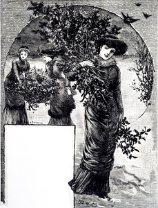Eine Gravur, die das Sammeln von Stechpalmen und Immergrün für die Weihnachtsdekoration darstellt. Illustriert von Mary Ellen Edwards (1838-1934), einer englischen Künstlerin und Illustratorin von Kinderbüchern