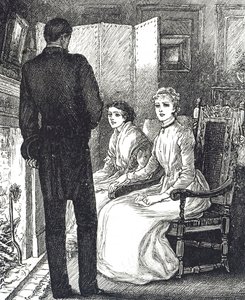 Gravur, die zwei Frauen zeigt, die sich am Kamin wärmen