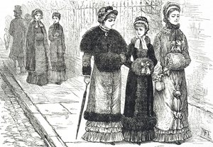 Illustration, die junge Frauen mit Muffen darstellt, um ihre Hände während des kälteren Wetters warm zu halten von Mary Ellen Edwards